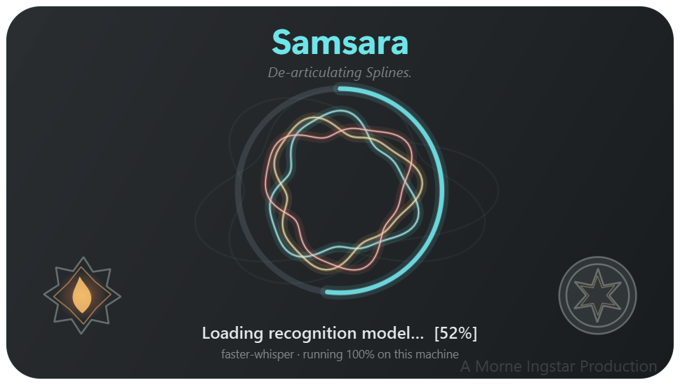 Samsara boot screen: animated knotwork vortex, 'Loading recognition model 52%', running 100% on this machine