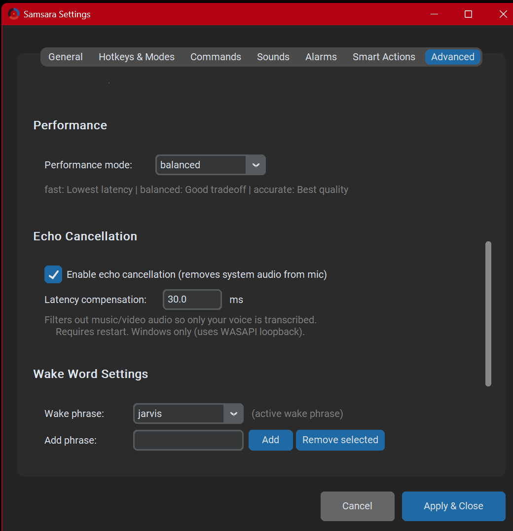 The Advanced tab in Samsara settings, showing wake word, performance mode, AEC toggle, and microphone calibration