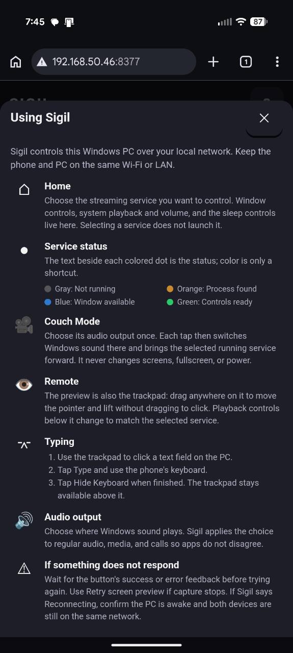 Sigil's built-in help screen showing guidance text for the remote's controls