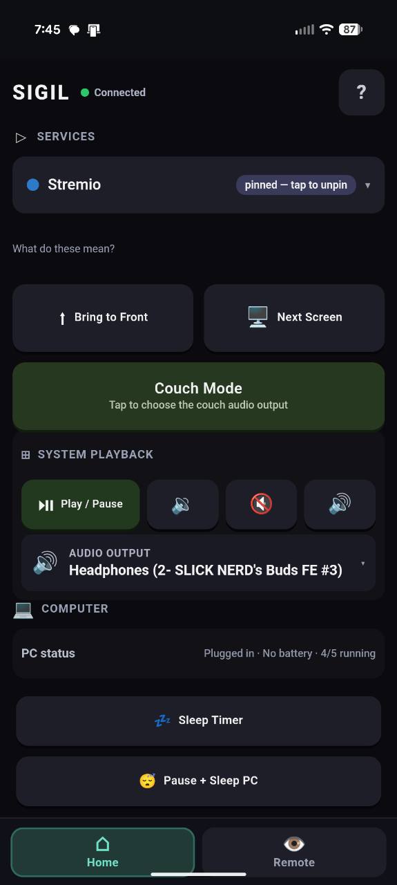 Sigil's Home screen on a phone, showing streaming service buttons, system and per-app volume controls, and playback controls