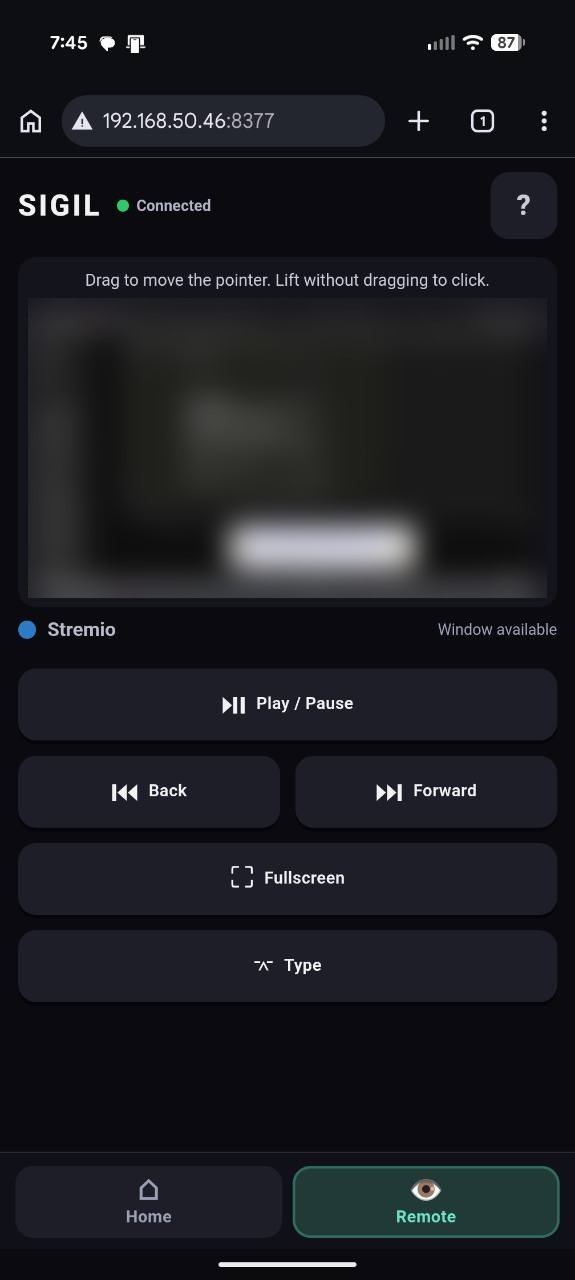 Sigil's Remote screen on a phone, showing a deliberately blurred live preview of the PC screen with a touchpad and playback controls below