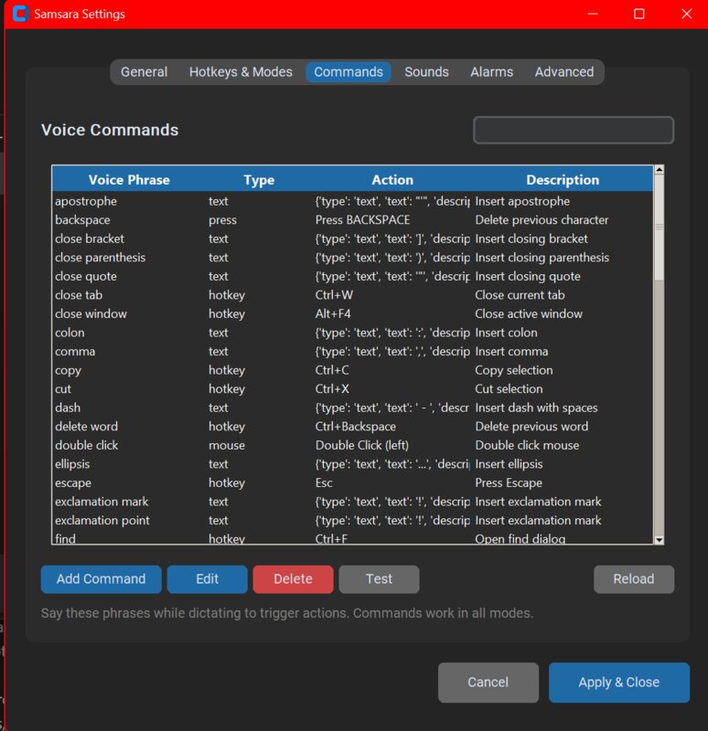Samsara Settings - Voice Commands